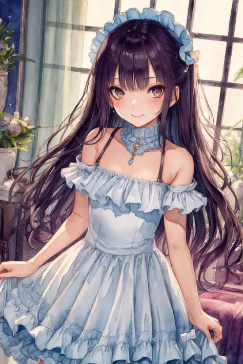 colorful noise,watercolor,slender highteen girl,(seductive smile:0.6),best quality, masterpiece ,ultra detailed,moist long wave hair,
lots of glitter accessories,elegant frill dress , suite room, <lora:SilvermoonMix03:1>