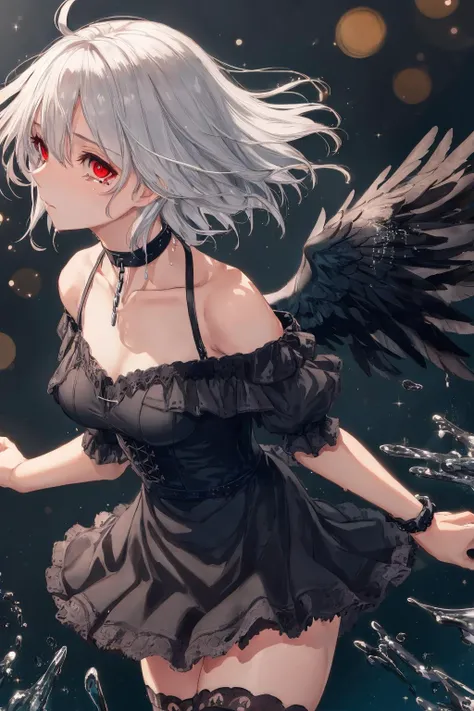 (Black theme:1.7),(Black feathers:1.2), tears,extremely detailed CG unity 8k wallpaper,illustration,lens 135mm,masterpiece, best quality,lens flare,dynamic angle ,dramatic angle ,cinematic angle ,intense angle ,young girl,over-kneehighs,off-shoulder,naughty face,aquagradient eyes,(white_hair:1.12),Medium hair,Ahoge,red eyes,black dress,lace-trimmed dress,frilled dress,greyscale,cowboy shot,(Splashing light),Backlighting,Accent Lighting,incredibly_absurdres,thigh strap,choker,(Refracted rays:1.2),Low wings,(Chains:1.1),(Bokeh:1.4),depth of field,,Deep focus,((disheveled hair)),looking away,Expressionless,, masterpiece, best quality, <lora:SilvermoonMix03:1>