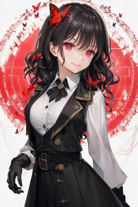 masterpiece, (best quality:1.1), (1girl), solo, cowboy shot, (finely detailed eyes and detailed face:1.3), (illustration:1.1), field of depth, (extremely fine and beautiful:1.1), (black trench coat + beautiful detailed black vest + white shirt:1.1 + black tie + black skirt + black flower on head + black gloves), (white_hair + medium_hair + wavy_hair), (red eyes:1.1),small_medium breasts, eyelashes, , pale skin, evil smile, beautiful detailed fallen small city + detailed ruin, many object, beautiful and clear background:1.2, renegade, evil, ((Red butterflies flying|around the character:1.3 + red light particles:1.15), ((perfect magic circle:1.3)), many object<lora:SilvermoonMix01V1.1:1>