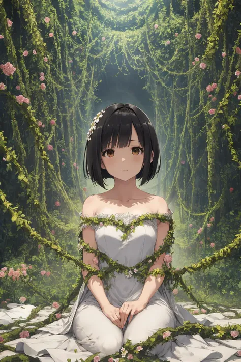 (best quality, masterpiece), (1girl, solo, brown eyes, black hair, short curved bob, small breasts),wariza,
(enchanting forest mage dressed in a gown made of intertwining vines and blooming flowers), (despair:1.3),
(limited pallete),(perfect composition),(heavy Monochrome:0.9), <lora:SilvermoonMix02:1>