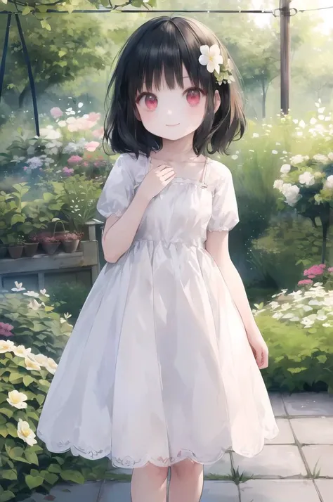 ((((masterpiece),(best quality),(perfect anatomy),(best detailed),(best background),(perfect hands))))|||||,
(((character focus))),|||||,
(((cute girl,(6 years old:1.4),child,shiny skin))),|||||,
(((lovely big eyes,cute eyes,red eyes,black hair))),|||||,
(((white dress))),|||||,
(((garden,flower))),|||||,
((((look at viewer:1.3),happy))),
<lora:Cute Gothic Fashion1_1:0.8>
BREAK