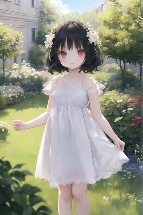 ((((masterpiece),(best quality),(perfect anatomy),(best detailed),(best background),(perfect hands))))|||||,
(((character focus))),|||||,
(((cute girl,(6 years old:1.4),child,shiny skin))),|||||,
(((lovely big eyes,cute eyes,red eyes,black hair))),|||||,
(((white dress))),|||||,
(((garden,flower))),|||||,
((((look at viewer:1.3),happy))),
<lora:Cute Gothic Fashion1_1:0.8>
BREAK
