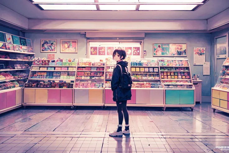 ((best quality, masterpiece, absurdres, super-resolution)) (kawaii, pop, cute:1.1), fantasy, smile, intricate background, (dagashiya, candy shop:1.2), illumination, (pastel colors:1.3), lo-fi hiphop, chillhop, indoor, retro