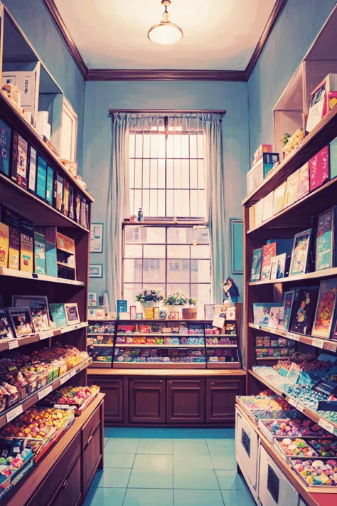 ((best quality, masterpiece, absurdres, super-resolution)) (kawaii, pop, cute:1.1), chillhop, fantasy, smile, intricate background, (dagashiya, candy shop:1.2), illumination, (pastel colors:1.3) 80s, lo-fi hiphop, chillhop, indoor, retro