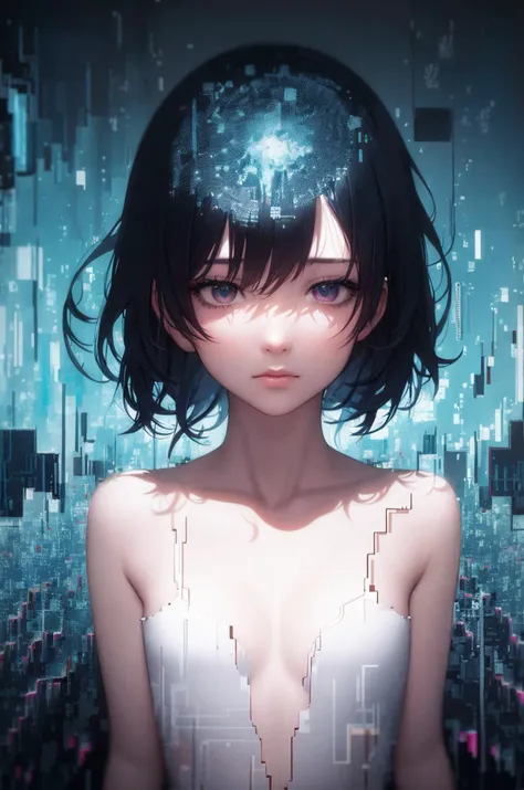 Delicate Composition, masterpiece, hyper detailed, best quality, extreme detailed,(2d:1.3),illustration,
fussion of abstract and glitch art, 1 girl, solo, iridescent hair, flat chest, (blouse:0.8), (double exposure:1.2), glitch hair, fussion of glitch and hair,