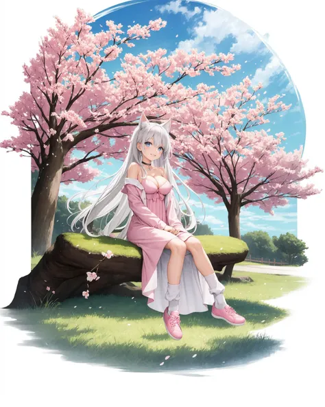 [(white background:1.5), ::2]1girl, solo, (isometric:0.75), 
solo, 1girl, dress, long hair, blue eyes, full body, breasts, looking at viewer, pink dress, choker, cleavage, bangs, pink footwear, animal ears, medium breasts, pink theme, very long hair, white dress, hair between eyes, white hair, long sleeves, bare shoulders, own hands together, jewelry, outdoors, solo, grass, sitting, tree, day, cherry blossoms, scenery, skirt, shoes, shirt, long sleeves, rock, long hair, looking at viewer, socks, wide shot, white shirt, sunlight, bangs, jacket, smile, grey hair