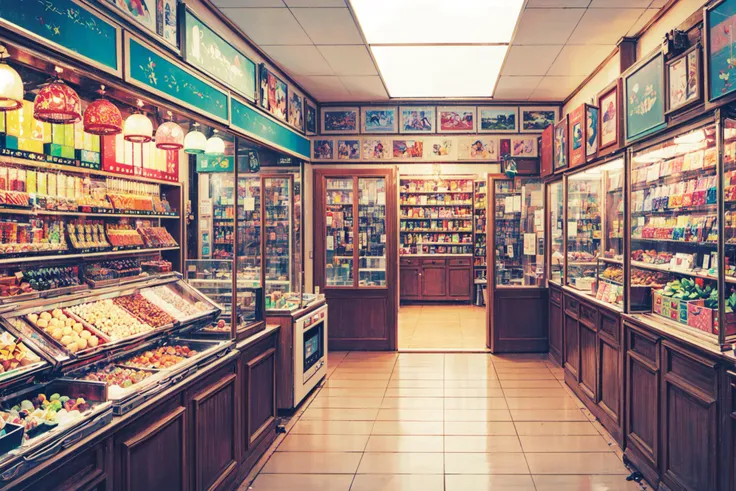 ((best quality, masterpiece, absurdres, super-resolution)) (kawaii, pop, cute:1.1), chillhop, fantasy, smile, intricate background, (dagashiya, candy shop:1.2), illumination, (pastel colors:1.3) 80s, lo-fi hiphop, chillhop, indoor, retro
