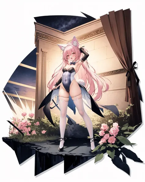 [(white background:1.5), ::2]1girl, solo, (isometric:0.75), 
Delicate Composition, hyper detailed, best quality,
1girl, solo, animal ears, thighhighs, pink hair, breasts, long hair, armpits, rabbit ears, white thighhighs, detached sleeves, leotard, pink leotard, small breasts, covered navel, looking at viewer, arm up, open mouth, blush, red eyes, thighs, bow, long sleeves, skindentation, ribbon, bowtie, animal ear fluff, bare shoulders, playboy bunny, cowboy shot, bangs, puffy sleeves, detached collar, strapless, ass visible through thighs, pink bow, strapless leotard, very long hair, cameltoe, hair intakes, highleg, star (sky), standing, pink bowtie, :o, pink eyes, white sleeves