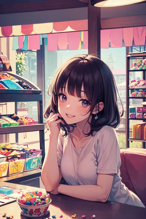 ((best quality, masterpiece, absurdres, super-resolution)) (kawaii, pop, cute:1.1), chillhop, fantasy, smile, intricate background, (dagashiya, candy shop:1.2), illumination, (pastel colors:1.3) 80s, lo-fi hiphop, chillhop, indoor, retro