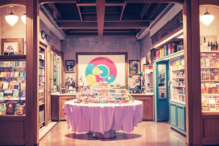 ((best quality, masterpiece, absurdres, super-resolution)) (kawaii, pop, cute:1.1), fantasy, smile, intricate background, (dagashiya, candy shop:1.2), illumination, (pastel colors:1.3), lo-fi hiphop, chillhop, indoor, retro