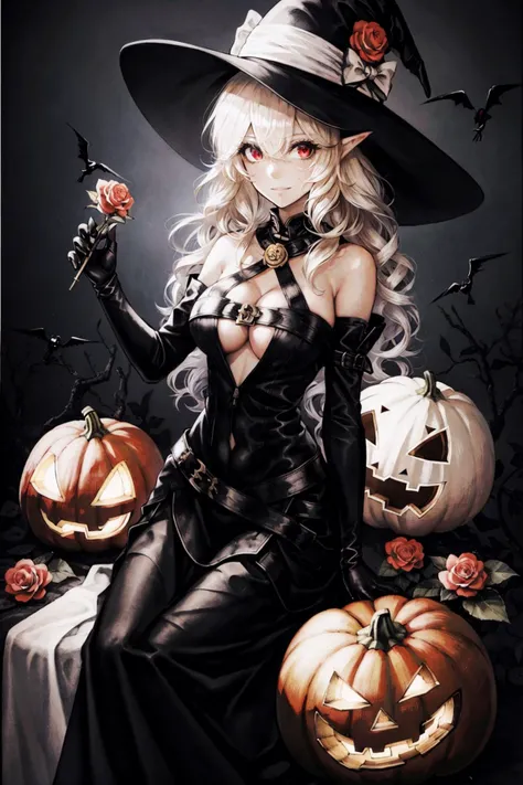 ((best quality, high resolution, distinct image)), (delicate illustration), 4k,1girl, breasts, solo, long hair, hat, blonde hair, flower, witch hat, sitting, very long hair, pointy ears, large breasts, rose, pumpkin, jack-o'-lantern, looking at viewer, underboob, bare shoulders, gloves, bridal gauntlets, dress, holding, full body, red flower, red eyes, fur trim, black gloves, skirt,halloween background, underboob cutout, black dress, bangs, halloween, detached sleeves, long skirt, black skirt, hair between eyes, smile, long dress, fingerless gloves, closed mouth, witch, red rose, frills, clothing cutout, orange bow, elbow gloves, hair ornament, bow, vines, <lora:SilvermoonMix06_2:1>