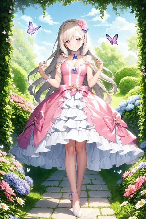a girl in dress of sweet style, very sweet and cute, pink and light purple, surrounded by flowers and butterfly, long hair, visiting garden, high heels, Marie Antoinette , cute fashion