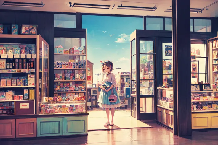 ((best quality, masterpiece, absurdres, super-resolution)) (kawaii, pop, cute:1.1), chillhop, fantasy, smile, intricate background, (dagashiya, candy shop:1.2), illumination, (pastel colors:1.3) 80s, lo-fi hiphop, chillhop, indoor, retro