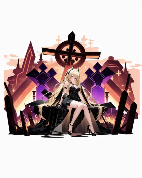 [(white background:1.5), ::2]1girl, solo, (isometric:0.75), 
blonde hair, long hair, sitting, high heels, looking at viewer, very long hair, breasts, dress, 1girl, multiple girls, cross, full body, black dress