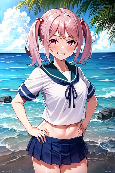 (masterpiece:1.5), best quality, (1girl, solo),
sazanami, sazanami (kancolle), strawberry print, strawberry panties, food print, 1girl, school uniform, panties, print panties, solo, underwear, serafuku, hair ornament, ass, hair bobbles, pink hair, twintails, skirt, pink eyes, open mouth, white panties, twitter username, short hair, blush, looking back, looking at viewer, pleated skirt, from behind, smirk
<lora:Sazanami0001:0.65>
blush,
(outdoors, ocean, ),(( cowboy shot , dynamic pose, looking at viewer, ))
<lora:GoodHands-beta2:1>