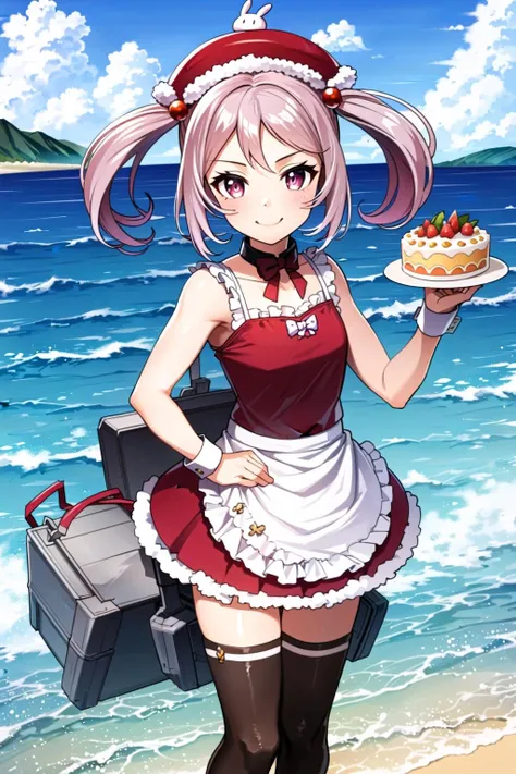 (masterpiece:1.5), best quality, (1girl, solo),
sazanami, 1girl, sazanami (kancolle), cake, food, solo, pink hair, thighhighs, twintails, hat, full body, hair bobbles, rabbit, hair ornament, pink eyes, white thighhighs, hand on hip, apron, puffy sleeves, machinery, smile, looking at viewer, short hair, dress
<lora:Sazanami0001:0.65>
blush,
(outdoors, ocean, ),(( cowboy shot , dynamic pose, looking at viewer, ))
<lora:GoodHands-beta2:1>