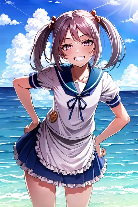 (masterpiece:1.5), best quality, (1girl, solo),
sazanami, 1girl, sazanami (kancolle), twintails, solo, hair bobbles, hair ornament, pink hair, serafuku, skirt, school uniform, badge, apron, wrist cuffs, pink eyes, sailor collar, grin, frills, white apron, blue skirt, frilled apron, frilled skirt, smile, waist apron, blue sailor collar, short hair, navel, short sleeves, looking at viewer, puffy sleeves, pleated skirt, hand on hip, v, puffy short sleeves, rabbit
<lora:Sazanami0001:0.65>
blush,
(outdoors, ocean, ),(( cowboy shot , dynamic pose, looking at viewer, ))
<lora:GoodHands-beta2:1>