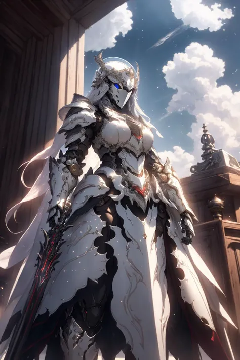 masterpiece, highly detailed CG unified 8K wallpapers, 8k uhd, dslr, high quality, clean, best illumination, ((a goddess in a white mechanical armor, godly aura, magical, in the sky)), face forward, glowing eyes, cinematic lighting, ultra-high resolution, ultra-high detailed, high-definition, <lora:MechaArmor:0.75>