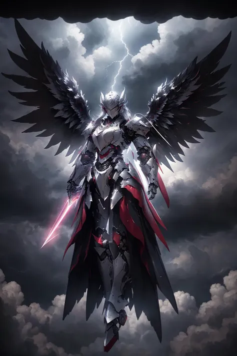 masterpiece, highly detailed CG unified 8K wallpapers, 8k uhd, dslr, high quality, clean, ((a dark angel in a mechanical armor with wings, godly aura, floating in the air, descending from the sky)), rainy, dark night, lightning, dramatic scene, cinematic lighting, ultra-high resolution, ultra-high detailed, high-definition, <lora:MechaArmor:0.75>