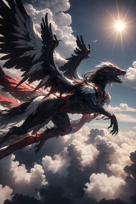 masterpiece, highly detailed CG unified 8K wallpapers, 8k uhd, dslr, high quality, clean, dramatic scene, cinematic lighting, ultra-high resolution, ultra-high detailed, high-definition, <lora:MechaArmor:0.75>,wings, cloud, sky,sun,sunlight,floating,flying in the sky