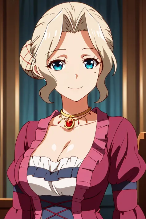 masterpiece, best quality,mature female, milf,looking at viewer,alluring, clean, beautiful face, shiny skin, skindentation,delicate pattern, intricate detail,
1girl, jewelry, solo, breasts, necklace, smile, cleavage, blonde hair, hair bun, single hair bun,pink dress, blue eyes,mole under eye, <lora:Medicis:0.7>