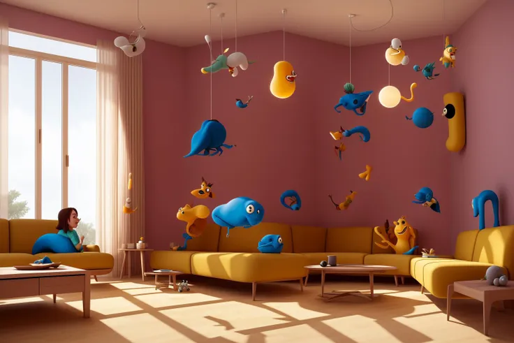 Through the lens of Pixar 3D animation, the contemporary living room conceived by celebrated architects springs to life. The room's design is infused with playful whimsy, as furniture morphs into imaginative shapes, echoing the style of Tim Burton. The scene is a balance of quirky elements and futuristic aesthetics, with vivid colors and exaggerated proportions. The characters' expressions range from surprise to curiosity, capturing the sense of wonder in the room. Lighting is dynamic, with shifting hues creating an otherworldly feel, while a touch of surrealism adds to the overall charm