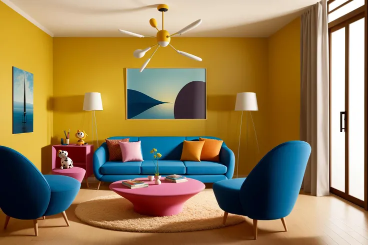 Through the lens of Pixar 3D animation, the contemporary living room conceived by celebrated architects springs to life. The room's design is infused with playful whimsy, as furniture morphs into imaginative shapes, echoing the style of Tim Burton. The scene is a balance of quirky elements and futuristic aesthetics, with vivid colors and exaggerated proportions. The characters' expressions range from surprise to curiosity, capturing the sense of wonder in the room. Lighting is dynamic, with shifting hues creating an otherworldly feel, while a touch of surrealism adds to the overall charm