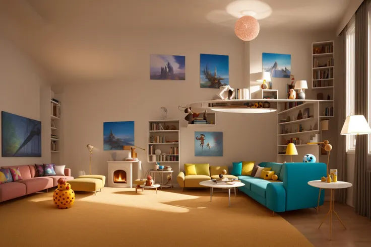 Through the lens of Pixar 3D animation, the contemporary living room conceived by celebrated architects springs to life. The room's design is infused with playful whimsy, as furniture morphs into imaginative shapes, echoing the style of Tim Burton. The scene is a balance of quirky elements and futuristic aesthetics, with vivid colors and exaggerated proportions. The characters' expressions range from surprise to curiosity, capturing the sense of wonder in the room. Lighting is dynamic, with shifting hues creating an otherworldly feel, while a touch of surrealism adds to the overall charm