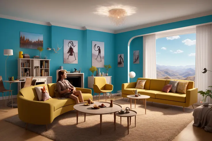 Through the lens of Pixar 3D animation, the contemporary living room conceived by celebrated architects springs to life. The room's design is infused with playful whimsy, as furniture morphs into imaginative shapes, echoing the style of Tim Burton. The scene is a balance of quirky elements and futuristic aesthetics, with vivid colors and exaggerated proportions. The characters' expressions range from surprise to curiosity, capturing the sense of wonder in the room. Lighting is dynamic, with shifting hues creating an otherworldly feel, while a touch of surrealism adds to the overall charm