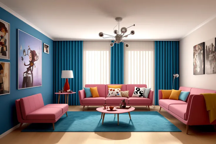 Through the lens of Pixar 3D animation, the contemporary living room conceived by celebrated architects springs to life. The room's design is infused with playful whimsy, as furniture morphs into imaginative shapes, echoing the style of Tim Burton. The scene is a balance of quirky elements and futuristic aesthetics, with vivid colors and exaggerated proportions. The characters' expressions range from surprise to curiosity, capturing the sense of wonder in the room. Lighting is dynamic, with shifting hues creating an otherworldly feel, while a touch of surrealism adds to the overall charm
