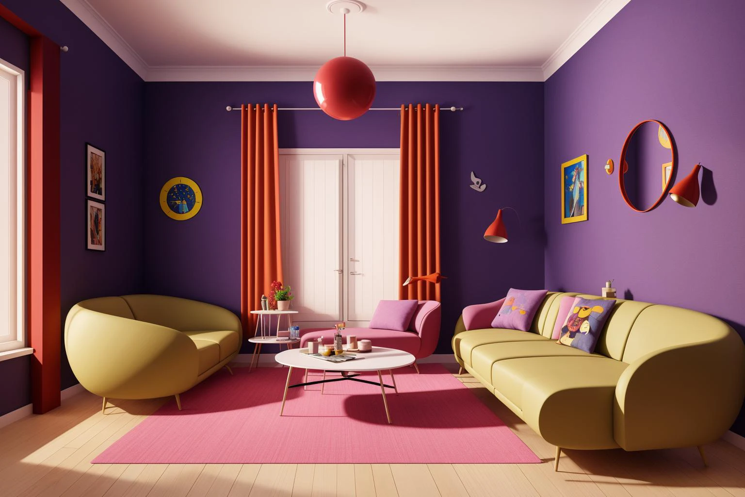 Through the lens of Pixar 3D animation, the contemporary living room conceived by celebrated architects springs to life. The room's design is infused with playful whimsy, as furniture morphs into imaginative shapes, echoing the style of Tim Burton. The scene is a balance of quirky elements and futuristic aesthetics, with vivid colors and exaggerated proportions. The characters' expressions range from surprise to curiosity, capturing the sense of wonder in the room. Lighting is dynamic, with shifting hues creating an otherworldly feel, while a touch of surrealism adds to the overall charm