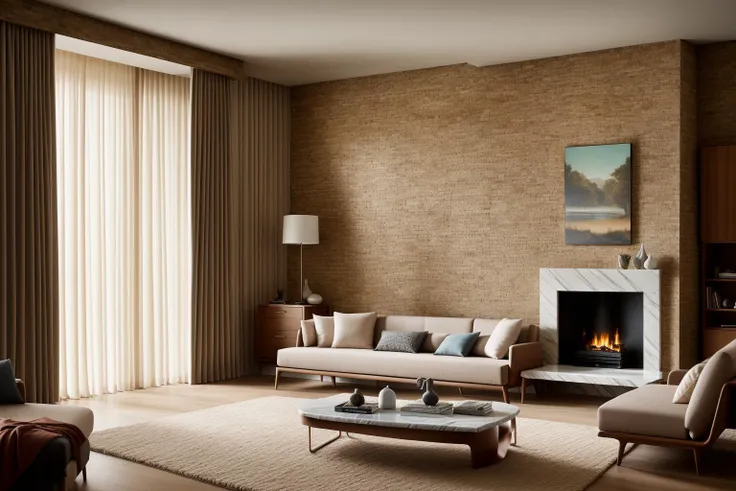 Captured through a 35mm lens, the modern living room designed by renowned architects is showcased in a photography piece. The rich textures of the materials used, from smooth marble to warm wood, are highlighted under the lens's exquisite depth of field. The chosen artist, Ansel Adams, brings his masterful touch to capture both the grandeur and intimacy of the space. The color temperature leans towards warm earthy tones, giving a cozy yet sophisticated feel. The people within the scene wear contented smiles, resonating with the inviting atmosphere. Natural light filters in, casting gentle patterns that play upon the room's elegance