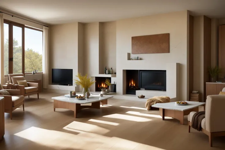 Captured through a 35mm lens, the modern living room designed by renowned architects is showcased in a photography piece. The rich textures of the materials used, from smooth marble to warm wood, are highlighted under the lens's exquisite depth of field. The chosen artist, Ansel Adams, brings his masterful touch to capture both the grandeur and intimacy of the space. The color temperature leans towards warm earthy tones, giving a cozy yet sophisticated feel. The people within the scene wear contented smiles, resonating with the inviting atmosphere. Natural light filters in, casting gentle patterns that play upon the room's elegance