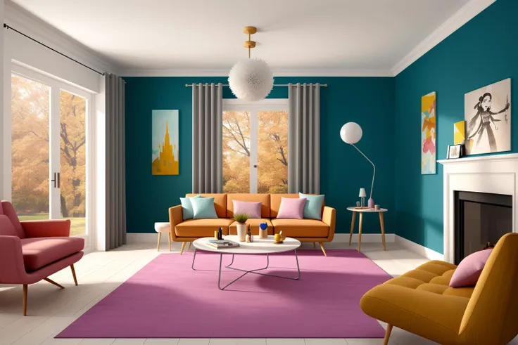 Illustrated in a digital art form, the modern living room envisioned by renowned architects is transformed into a vibrant scene by the talented artist Mary Blair. The room's design elements take on a fantastical quality, with whimsical patterns and imaginative furniture arrangements that harken back to Blair's distinctive style in Disney concept art. The color palette is a burst of joyful hues, infusing the space with an atmosphere of creative energy. Imaginary occupants exhibit animated expressions, mirroring the playful ambiance. Illuminated by soft, diffused light, the scene exudes a sense of enchantment and imaginative storytelling