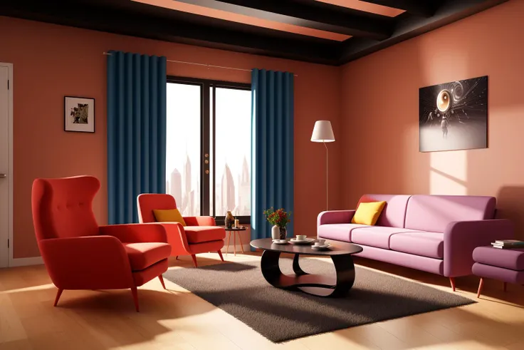 Through the lens of Pixar 3D animation, the contemporary living room conceived by celebrated architects springs to life. The room's design is infused with playful whimsy, as furniture morphs into imaginative shapes, echoing the style of Tim Burton. The scene is a balance of quirky elements and futuristic aesthetics, with vivid colors and exaggerated proportions. The characters' expressions range from surprise to curiosity, capturing the sense of wonder in the room. Lighting is dynamic, with shifting hues creating an otherworldly feel, while a touch of surrealism adds to the overall charm