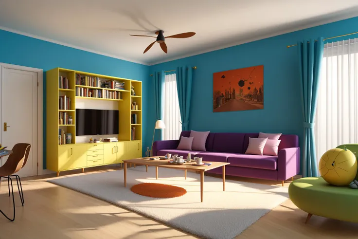 Through the lens of Pixar 3D animation, the contemporary living room conceived by celebrated architects springs to life. The room's design is infused with playful whimsy, as furniture morphs into imaginative shapes, echoing the style of Tim Burton. The scene is a balance of quirky elements and futuristic aesthetics, with vivid colors and exaggerated proportions. The characters' expressions range from surprise to curiosity, capturing the sense of wonder in the room. Lighting is dynamic, with shifting hues creating an otherworldly feel, while a touch of surrealism adds to the overall charm