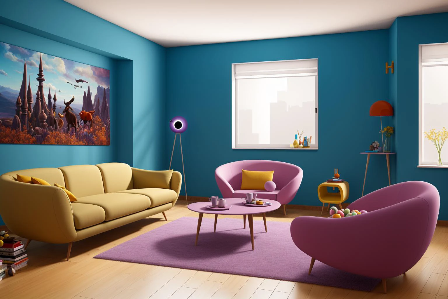 Through the lens of Pixar 3D animation, the contemporary living room conceived by celebrated architects springs to life. The room's design is infused with playful whimsy, as furniture morphs into imaginative shapes, echoing the style of Tim Burton. The scene is a balance of quirky elements and futuristic aesthetics, with vivid colors and exaggerated proportions. The characters' expressions range from surprise to curiosity, capturing the sense of wonder in the room. Lighting is dynamic, with shifting hues creating an otherworldly feel, while a touch of surrealism adds to the overall charm