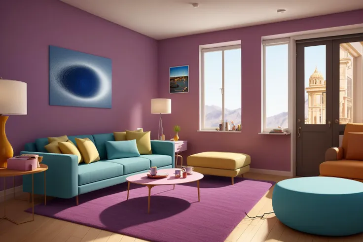 Through the lens of Pixar 3D animation, the contemporary living room conceived by celebrated architects springs to life. The room's design is infused with playful whimsy, as furniture morphs into imaginative shapes, echoing the style of Tim Burton. The scene is a balance of quirky elements and futuristic aesthetics, with vivid colors and exaggerated proportions. The characters' expressions range from surprise to curiosity, capturing the sense of wonder in the room. Lighting is dynamic, with shifting hues creating an otherworldly feel, while a touch of surrealism adds to the overall charm