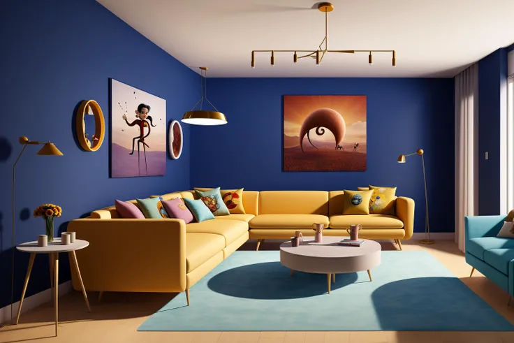 Through the lens of Pixar 3D animation, the contemporary living room conceived by celebrated architects springs to life. The room's design is infused with playful whimsy, as furniture morphs into imaginative shapes, echoing the style of Tim Burton. The scene is a balance of quirky elements and futuristic aesthetics, with vivid colors and exaggerated proportions. The characters' expressions range from surprise to curiosity, capturing the sense of wonder in the room. Lighting is dynamic, with shifting hues creating an otherworldly feel, while a touch of surrealism adds to the overall charm