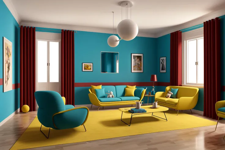 Through the lens of Pixar 3D animation, the contemporary living room conceived by celebrated architects springs to life. The room's design is infused with playful whimsy, as furniture morphs into imaginative shapes, echoing the style of Tim Burton. The scene is a balance of quirky elements and futuristic aesthetics, with vivid colors and exaggerated proportions. The characters' expressions range from surprise to curiosity, capturing the sense of wonder in the room. Lighting is dynamic, with shifting hues creating an otherworldly feel, while a touch of surrealism adds to the overall charm