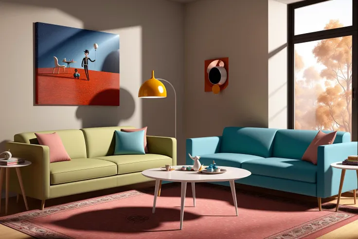 Through the lens of Pixar 3D animation, the contemporary living room conceived by celebrated architects springs to life. The room's design is infused with playful whimsy, as furniture morphs into imaginative shapes, echoing the style of Tim Burton. The scene is a balance of quirky elements and futuristic aesthetics, with vivid colors and exaggerated proportions. The characters' expressions range from surprise to curiosity, capturing the sense of wonder in the room. Lighting is dynamic, with shifting hues creating an otherworldly feel, while a touch of surrealism adds to the overall charm