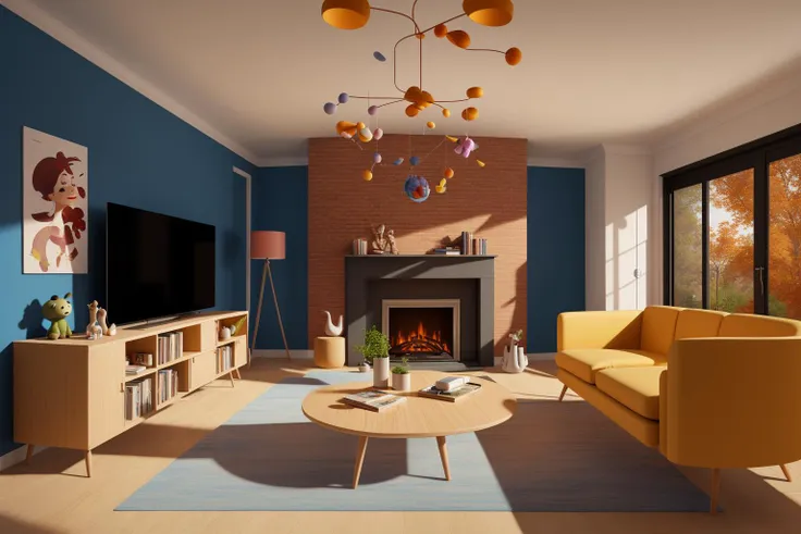 Through the lens of Pixar 3D animation, the contemporary living room conceived by celebrated architects springs to life. The room's design is infused with playful whimsy, as furniture morphs into imaginative shapes, echoing the style of Tim Burton. The scene is a balance of quirky elements and futuristic aesthetics, with vivid colors and exaggerated proportions. The characters' expressions range from surprise to curiosity, capturing the sense of wonder in the room. Lighting is dynamic, with shifting hues creating an otherworldly feel, while a touch of surrealism adds to the overall charm