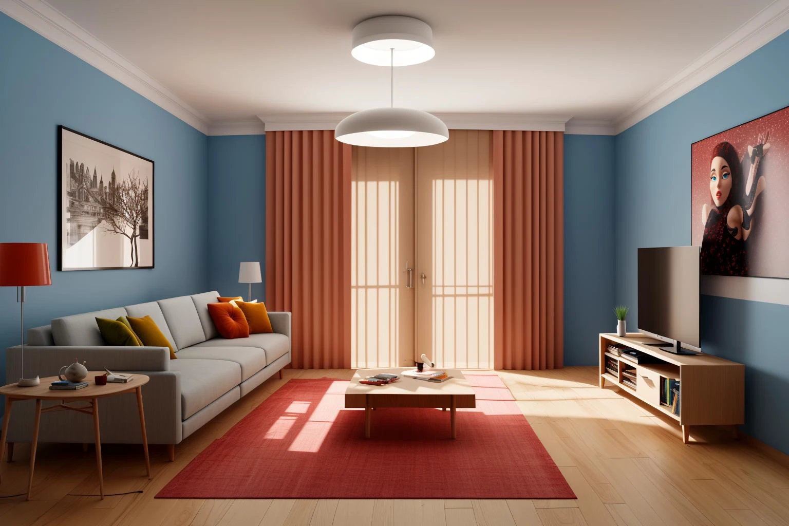 Through the lens of Pixar 3D animation, the contemporary living room conceived by celebrated architects springs to life. The room's design is infused with playful whimsy, as furniture morphs into imaginative shapes, echoing the style of Tim Burton. The scene is a balance of quirky elements and futuristic aesthetics, with vivid colors and exaggerated proportions. The characters' expressions range from surprise to curiosity, capturing the sense of wonder in the room. Lighting is dynamic, with shifting hues creating an otherworldly feel, while a touch of surrealism adds to the overall charm