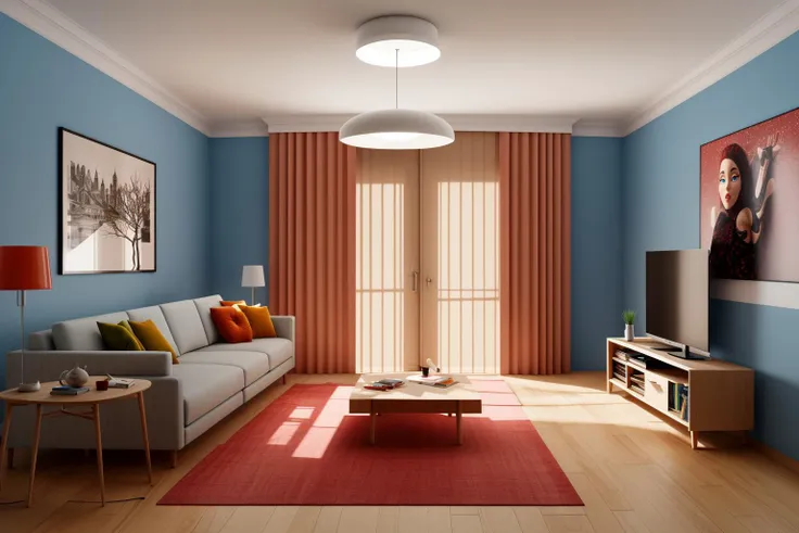 Through the lens of Pixar 3D animation, the contemporary living room conceived by celebrated architects springs to life. The room's design is infused with playful whimsy, as furniture morphs into imaginative shapes, echoing the style of Tim Burton. The scene is a balance of quirky elements and futuristic aesthetics, with vivid colors and exaggerated proportions. The characters' expressions range from surprise to curiosity, capturing the sense of wonder in the room. Lighting is dynamic, with shifting hues creating an otherworldly feel, while a touch of surrealism adds to the overall charm