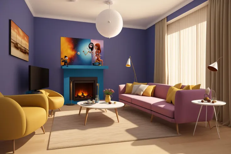 Through the lens of Pixar 3D animation, the contemporary living room conceived by celebrated architects springs to life. The room's design is infused with playful whimsy, as furniture morphs into imaginative shapes, echoing the style of Tim Burton. The scene is a balance of quirky elements and futuristic aesthetics, with vivid colors and exaggerated proportions. The characters' expressions range from surprise to curiosity, capturing the sense of wonder in the room. Lighting is dynamic, with shifting hues creating an otherworldly feel, while a touch of surrealism adds to the overall charm