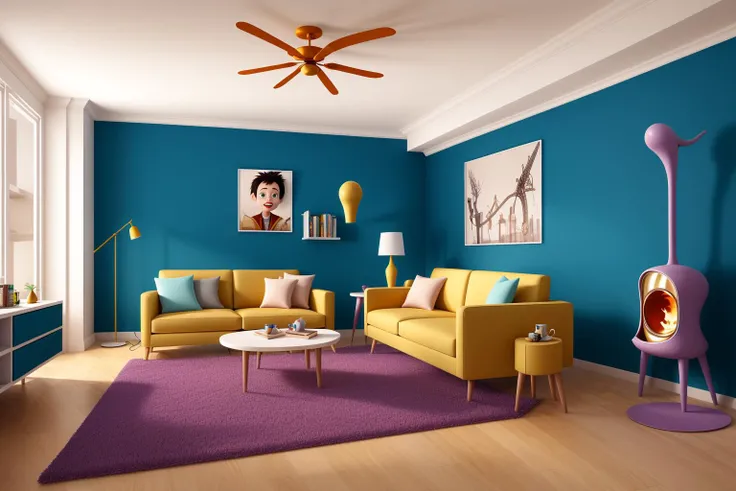 Through the lens of Pixar 3D animation, the contemporary living room conceived by celebrated architects springs to life. The room's design is infused with playful whimsy, as furniture morphs into imaginative shapes, echoing the style of Tim Burton. The scene is a balance of quirky elements and futuristic aesthetics, with vivid colors and exaggerated proportions. The characters' expressions range from surprise to curiosity, capturing the sense of wonder in the room. Lighting is dynamic, with shifting hues creating an otherworldly feel, while a touch of surrealism adds to the overall charm
