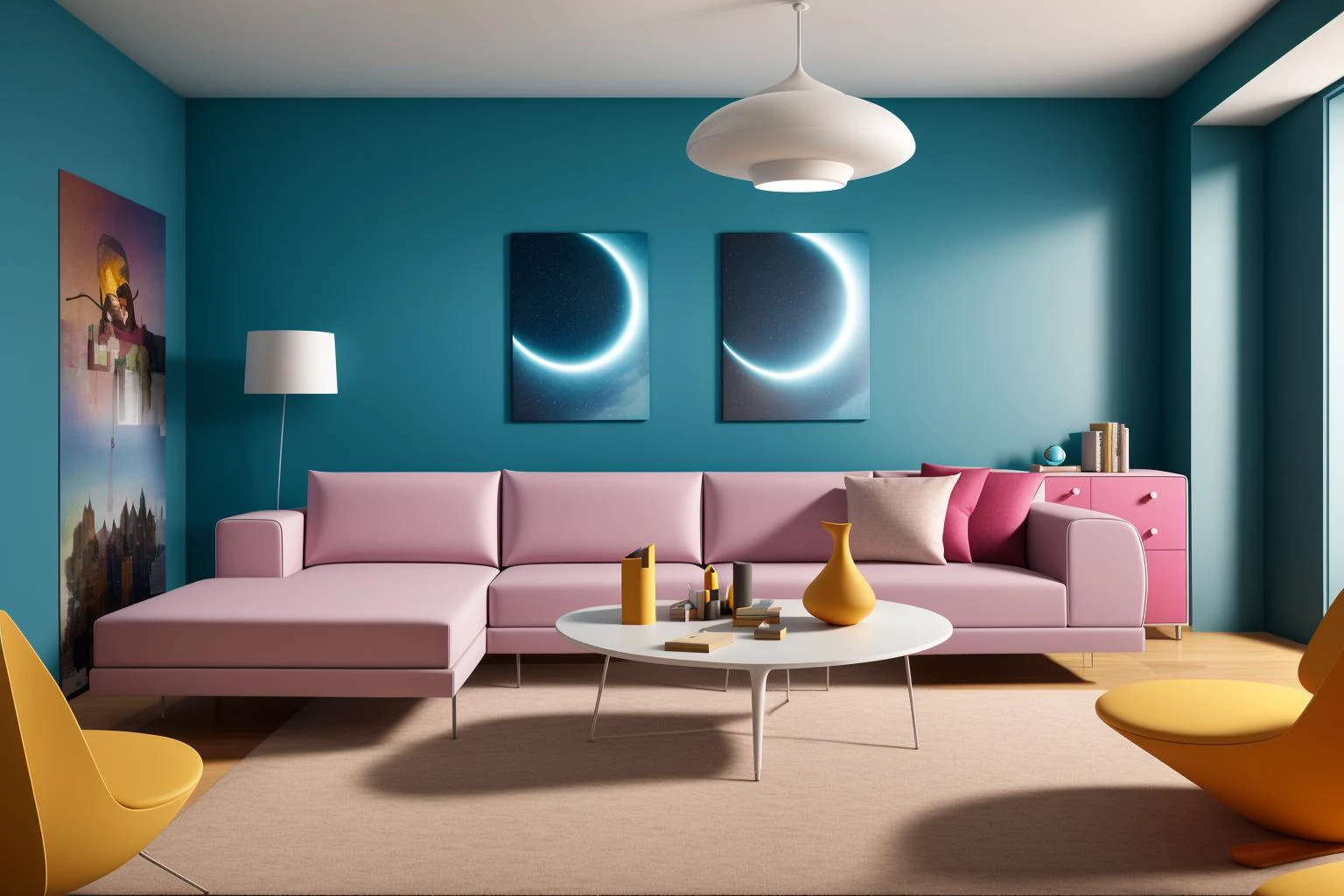Through the lens of Pixar 3D animation, the contemporary living room conceived by celebrated architects springs to life. The room's design is infused with playful whimsy, as furniture morphs into imaginative shapes, echoing the style of Tim Burton. The scene is a balance of quirky elements and futuristic aesthetics, with vivid colors and exaggerated proportions. The characters' expressions range from surprise to curiosity, capturing the sense of wonder in the room. Lighting is dynamic, with shifting hues creating an otherworldly feel, while a touch of surrealism adds to the overall charm