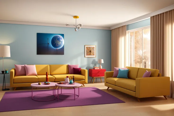 Through the lens of Pixar 3D animation, the contemporary living room conceived by celebrated architects springs to life. The room's design is infused with playful whimsy, as furniture morphs into imaginative shapes, echoing the style of Tim Burton. The scene is a balance of quirky elements and futuristic aesthetics, with vivid colors and exaggerated proportions. The characters' expressions range from surprise to curiosity, capturing the sense of wonder in the room. Lighting is dynamic, with shifting hues creating an otherworldly feel, while a touch of surrealism adds to the overall charm