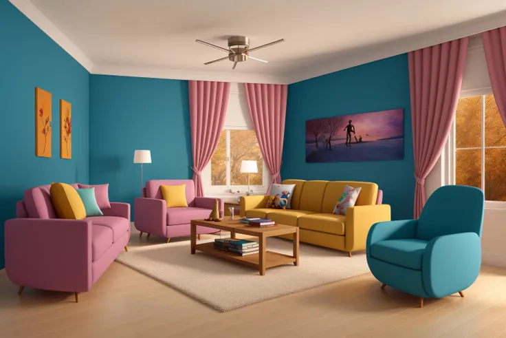 Through the lens of Pixar 3D animation, the contemporary living room conceived by celebrated architects springs to life. The room's design is infused with playful whimsy, as furniture morphs into imaginative shapes, echoing the style of Tim Burton. The scene is a balance of quirky elements and futuristic aesthetics, with vivid colors and exaggerated proportions. The characters' expressions range from surprise to curiosity, capturing the sense of wonder in the room. Lighting is dynamic, with shifting hues creating an otherworldly feel, while a touch of surrealism adds to the overall charm
