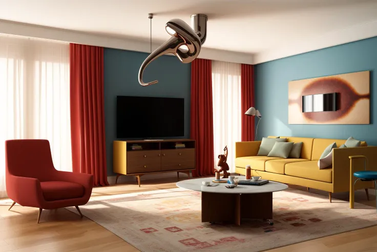 Through the lens of Pixar 3D animation, the contemporary living room conceived by celebrated architects springs to life. The room's design is infused with playful whimsy, as furniture morphs into imaginative shapes, echoing the style of Tim Burton. The scene is a balance of quirky elements and futuristic aesthetics, with vivid colors and exaggerated proportions. The characters' expressions range from surprise to curiosity, capturing the sense of wonder in the room. Lighting is dynamic, with shifting hues creating an otherworldly feel, while a touch of surrealism adds to the overall charm